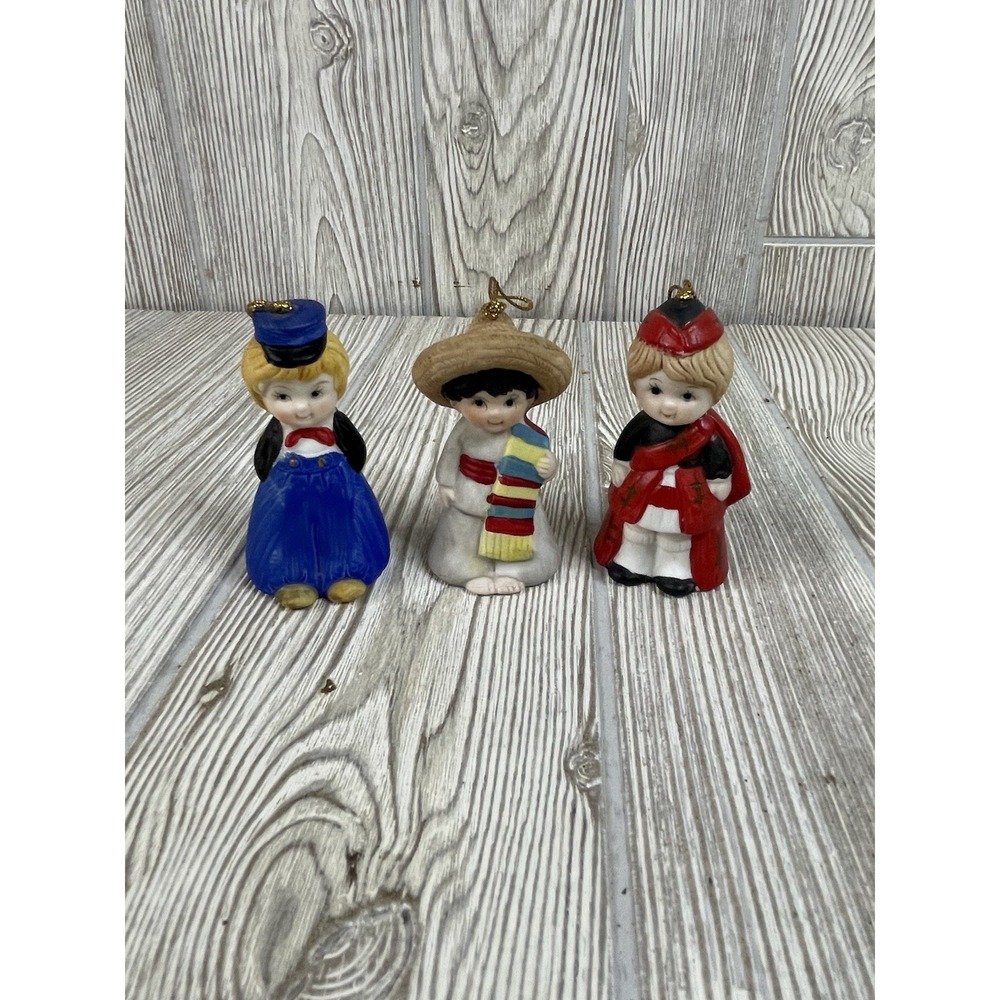 Vintage JSNY Ceramic Bell Ornaments Set of 3 International Children Taiwan